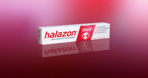 Die medizinische Zahnpasta Halazon med hebt sich vor einem sanften Farbverlauf hervor und betont professionelle Mundpflege.